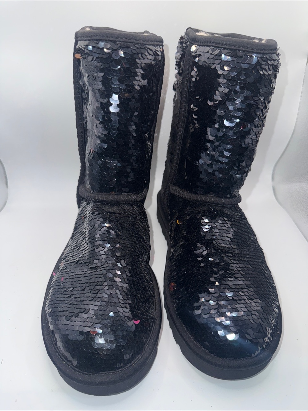 UGG black sequin mid-calf boots with silver and multicolored sequins